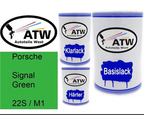 Porsche, Signal Green, 22S / M1: 500ml Lackdose + 500ml Klarlack + 250ml Härter - Set, von ATW Autoteile West.